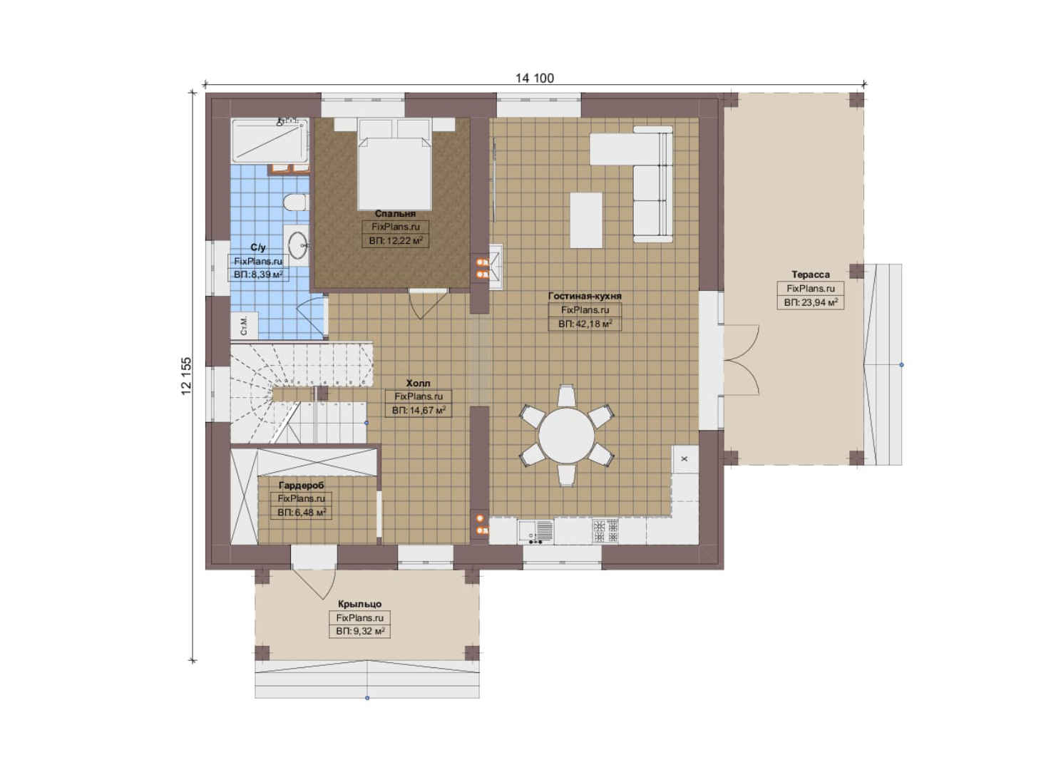 Планировка 1-го этажа, Проект дома с мансардой F-9332