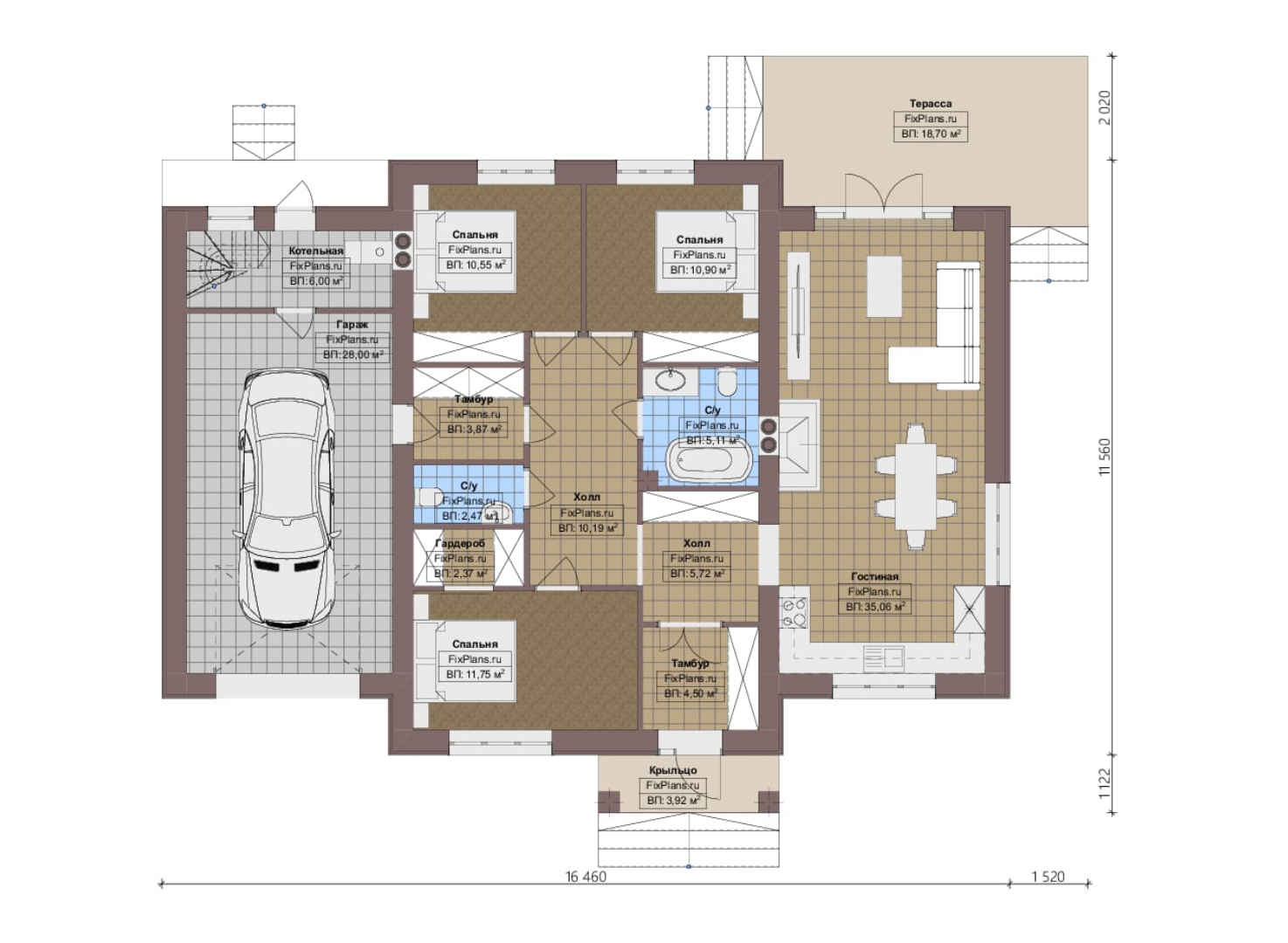 Планировка 1-го этажа, Проект одноэтажного дома F-2060